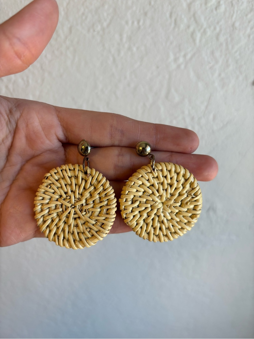 Handwoven Round Rattan Drop Earrings - Beige
